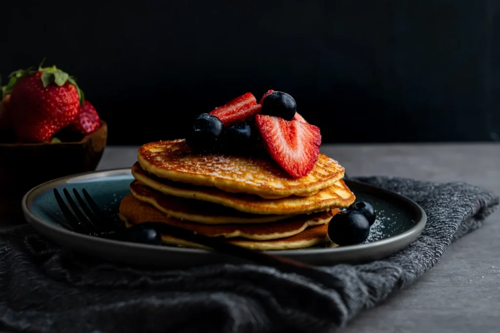 Low Carb Frühstück – Protein Pancakes garniert mit Beeren, auf einem Teller