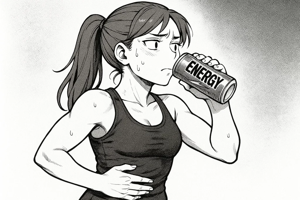 Wirkung von Koffein im Zyklus: Sportliche Frau trinkt einen Energy Drink und zeigt erste Anzeichen der Wirkung von Koffein auf den Zyklus, wie innere Unruhe und leichte Nervosität.