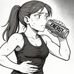Wirkung von Koffein im Zyklus: Sportliche Frau trinkt einen Energy Drink und zeigt erste Anzeichen der Wirkung von Koffein auf den Zyklus, wie innere Unruhe und leichte Nervosität.