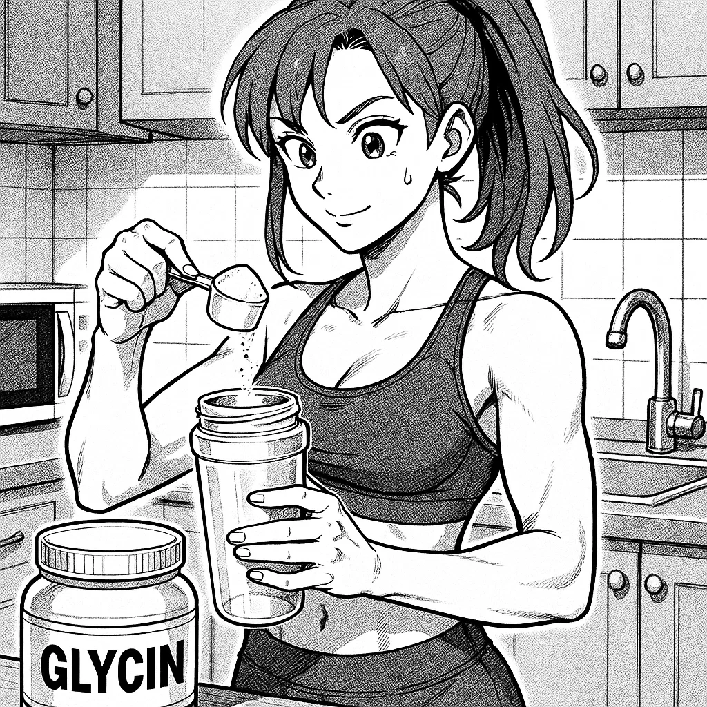 Sportliche Frau in Sporttop mischt Glycin-Pulver in einen Shaker in der Küche, um besser zu regenerieren und zur Ruhe zu kommen.