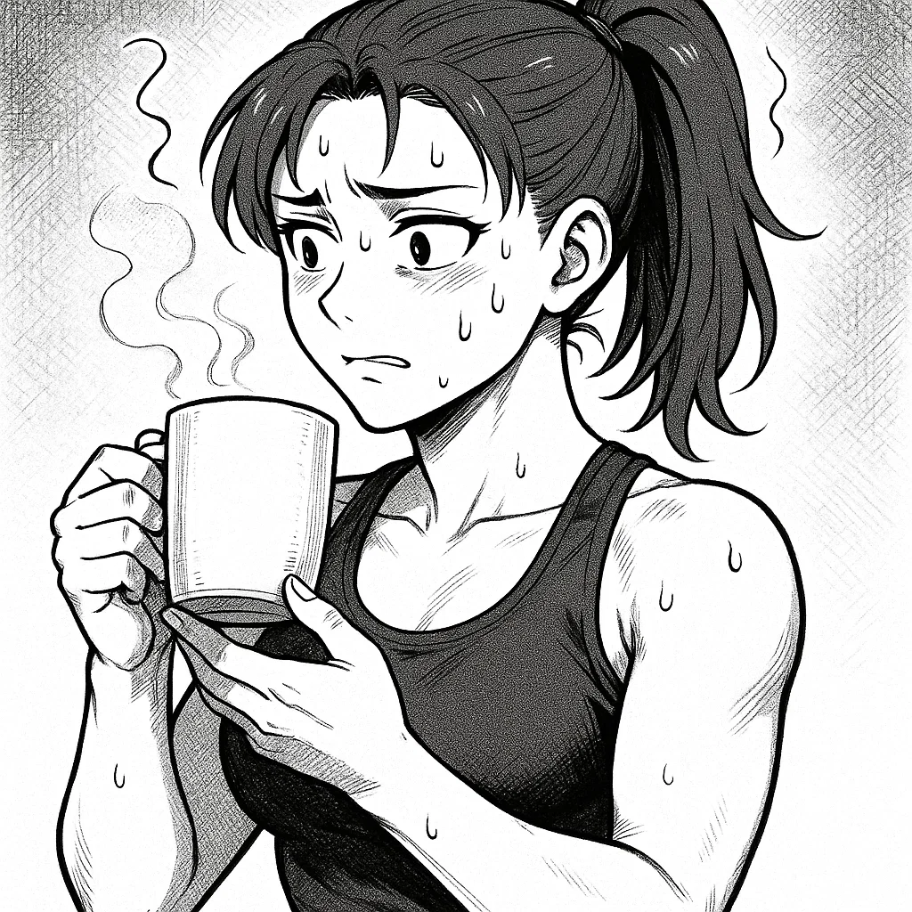 Sportliche Frau mit braunen Haaren und Pferdeschwanz trinkt Kaffee am Morgen und zeigt leichte Anzeichen von Unruhe durch Koffein.