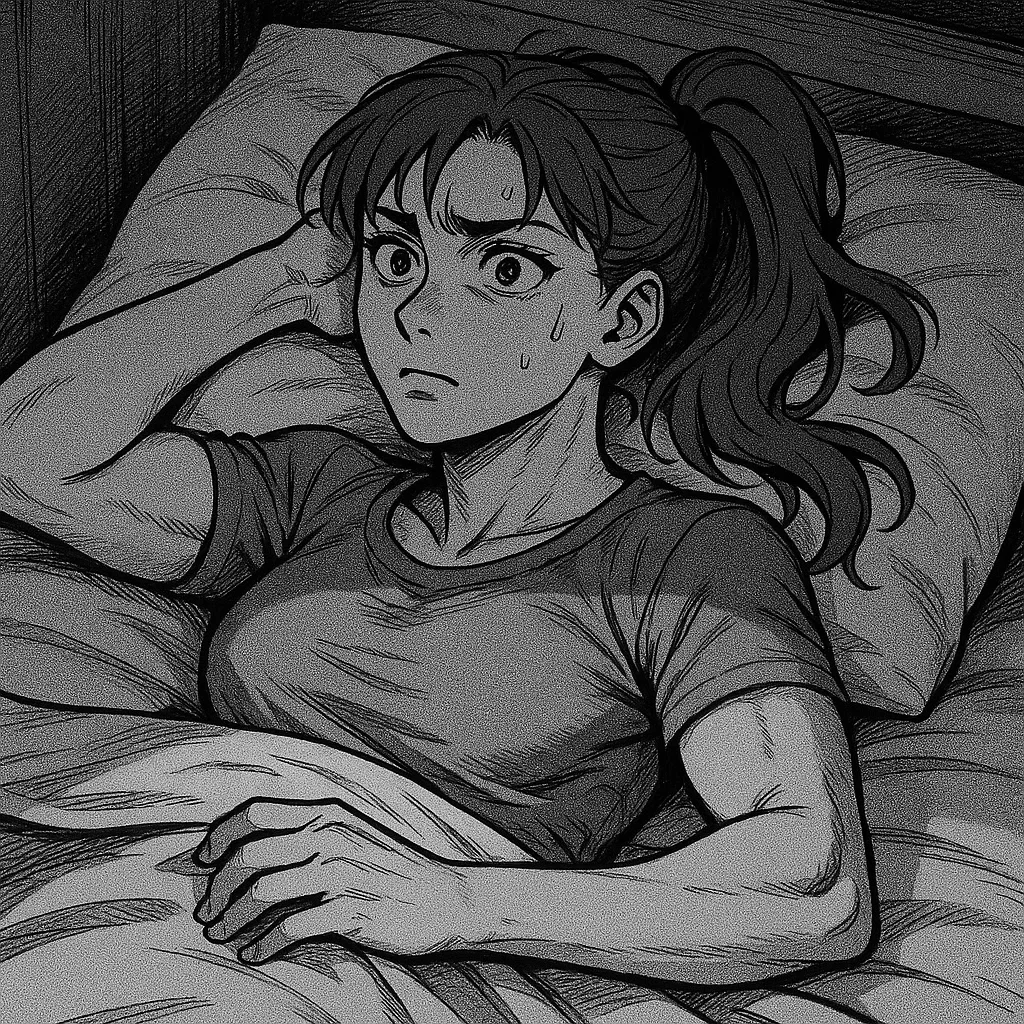 Sportliche Frau mit Pferdeschwanz liegt nachts wach im Bett, geplagt von Einschlafproblemen durch Koffeinkonsum am Abend.