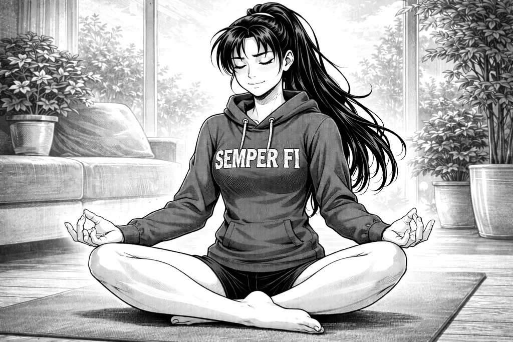 Bikini Athletin meditiert und hat ihre Ausgeglichenheit gefunden