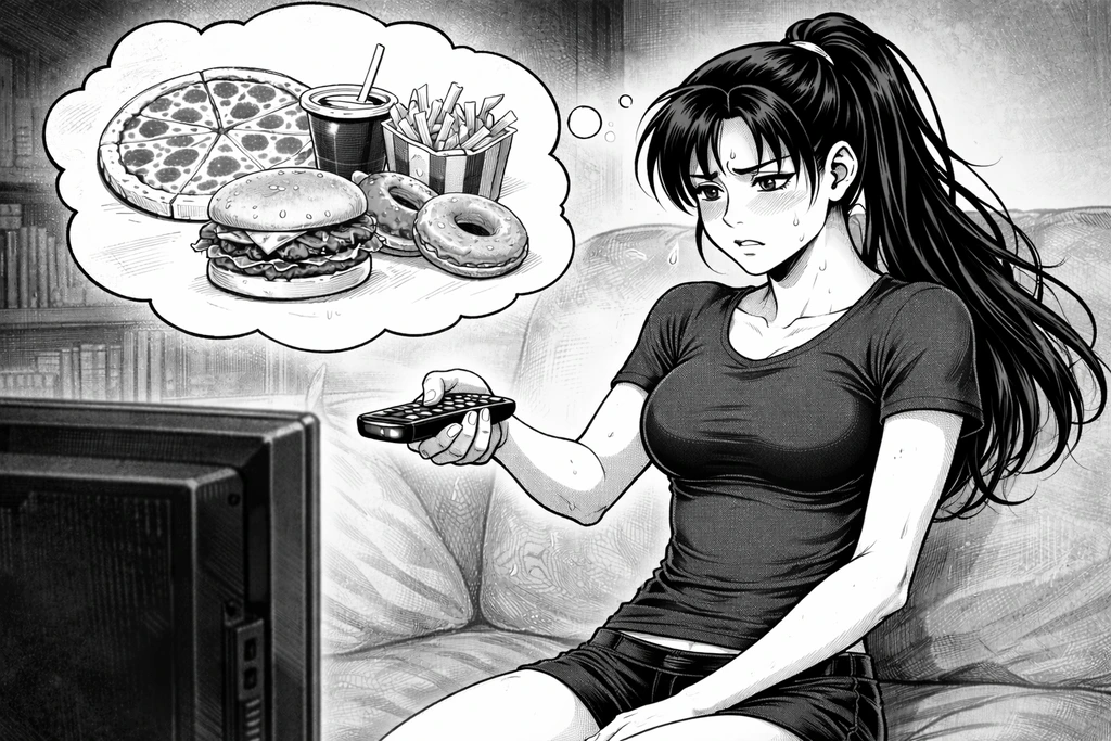 Bikini Athletin hat zwanghafte Gedanken an Essen