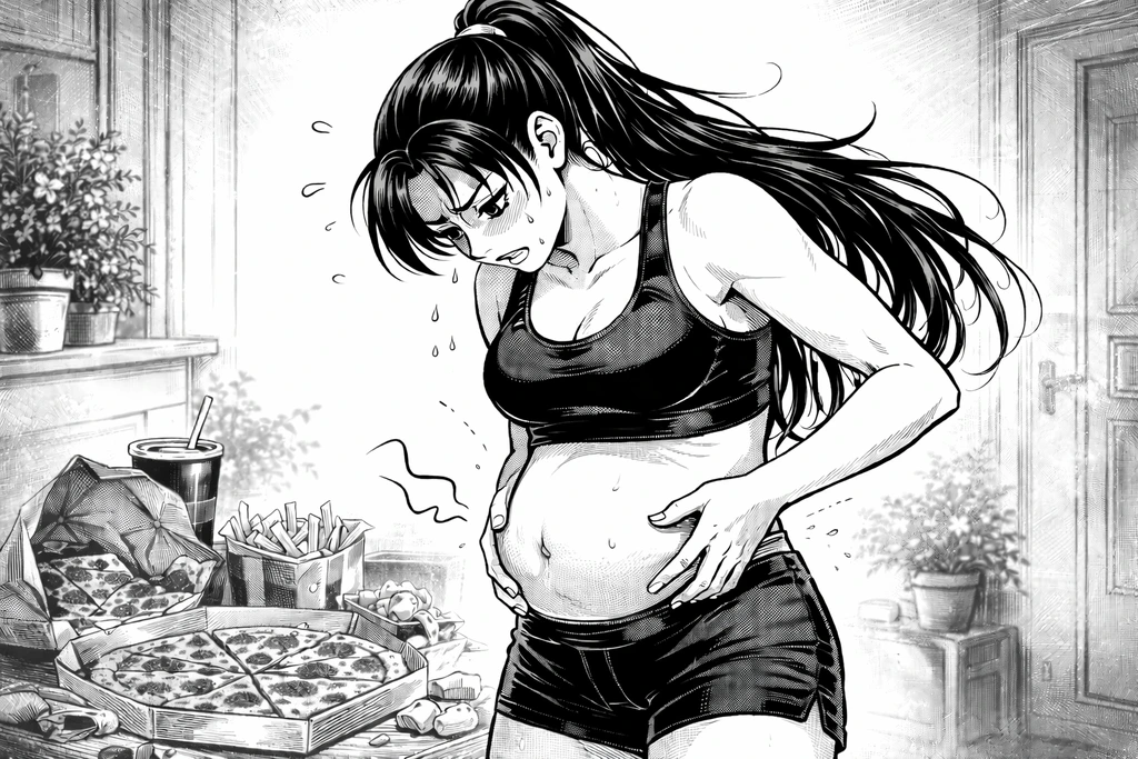 Bikini Athletin hat einen geblähten Bauch nach einer Binge Eating Attacke