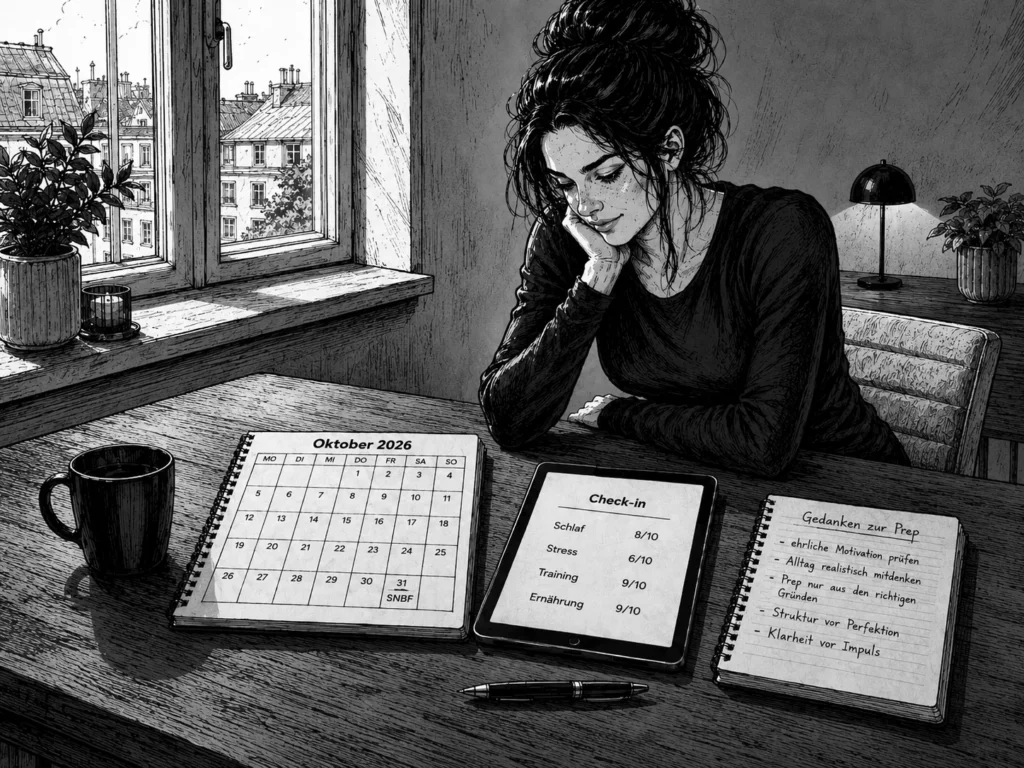 Frau sitzt am Tisch mit Kalender, Check-in und Notizen zur Wettkampfvorbereitung.