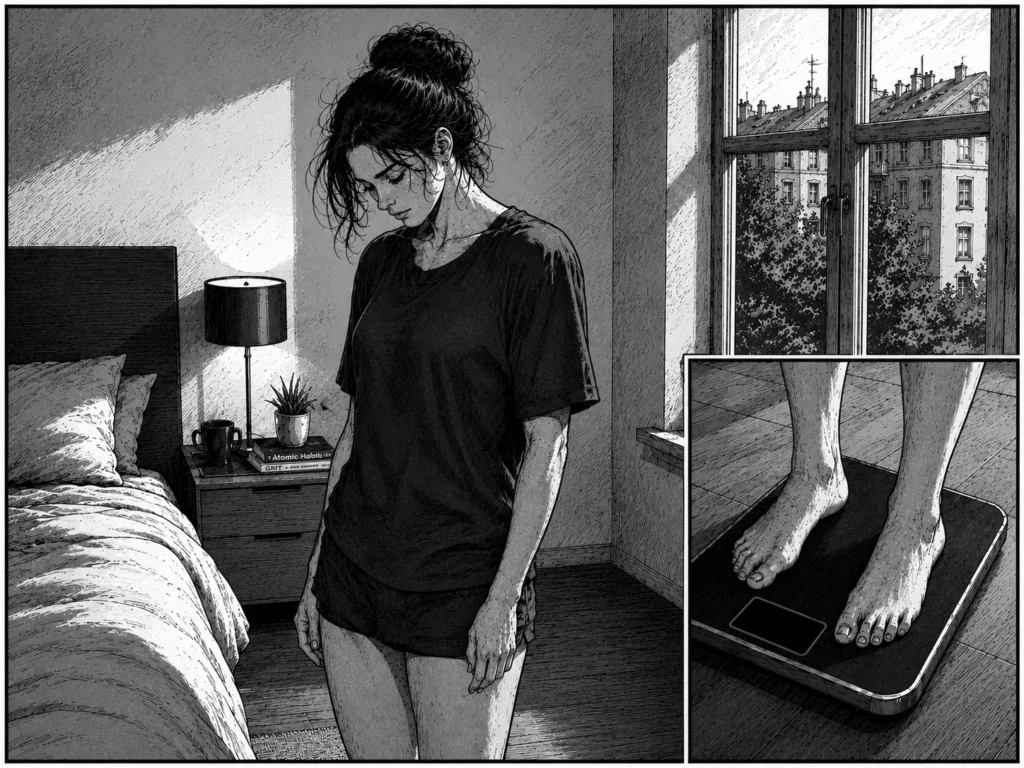 Frau steht im Schlafzimmer auf einer Waage als Symbol für Körperdruck und Selbstkontrolle.